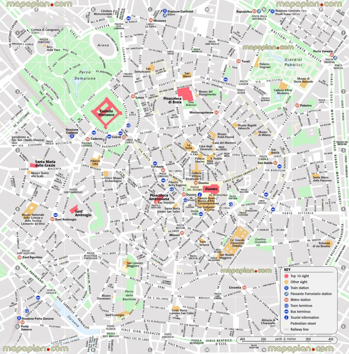 mapa de centro de milán, italia