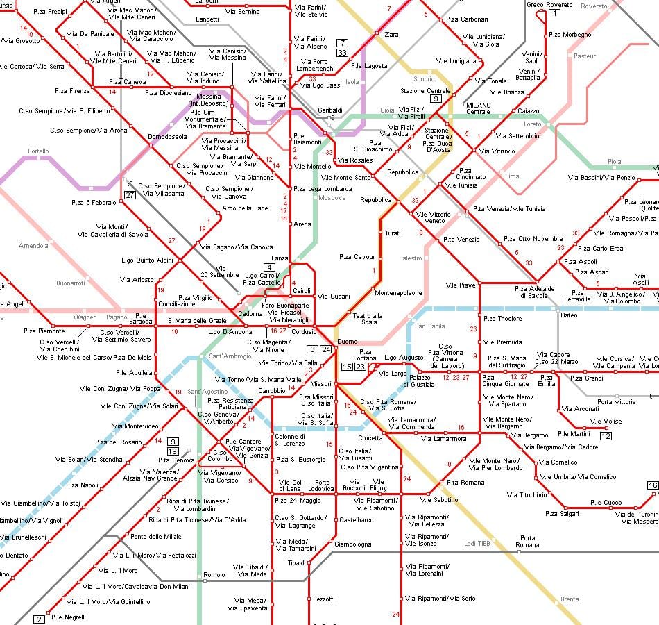 tranvía mapa de milán, italia